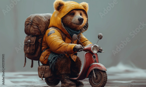 Children's illustration, a bear on a motorcycle with a backpack.