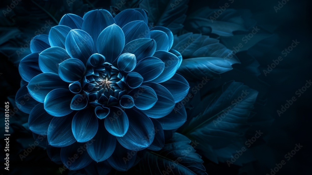 A tight shot of a blue bloom surrounded by green foliage on its sides A tight shot of a blue bloom surrounded by green foliage on its sides
