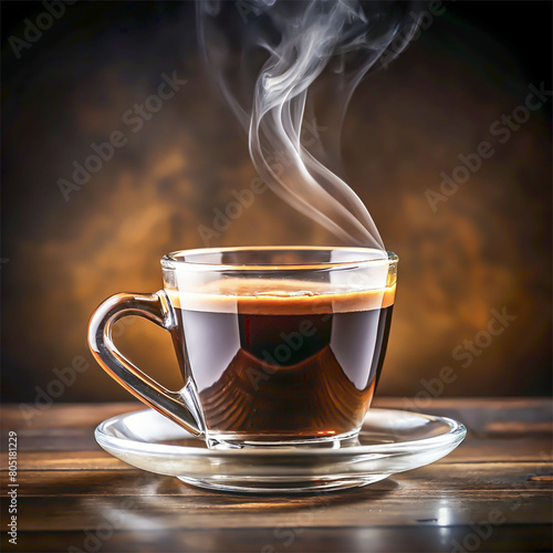 Cup of coffee with smoke and coffee beans on wooden background.