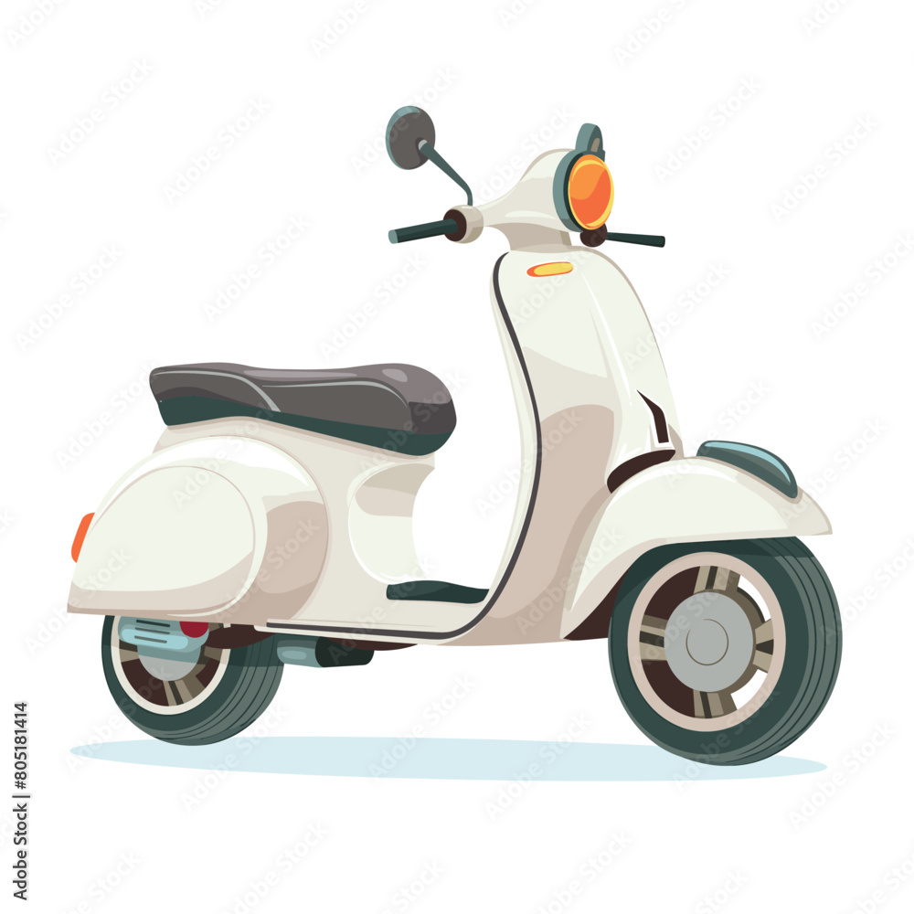 Classic white scooter illustration isolated white background. Motor scooter side view, cream body, black seat, retro design. Vintage twowheeler motorbike, urban transportation vector graphic