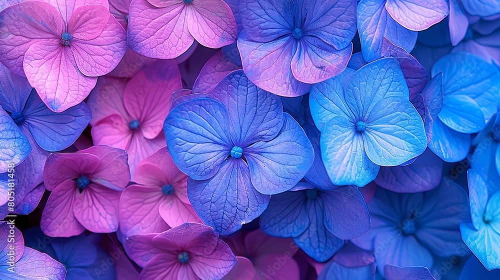 A wall filled with purple and blue flowers, their clusters arranged in the middle A wall filled with purple and blue flowers, their clusters arranged in the middle