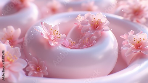  A pink flower arrangement floats atop a white bowl, its reflection forming pink petals on the bowl's underside