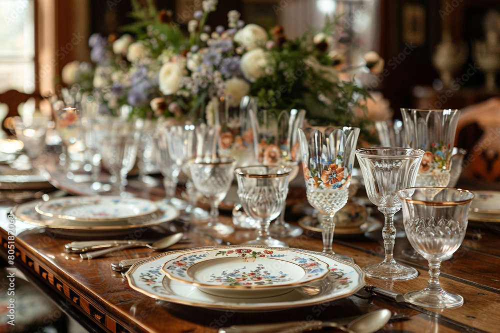 Antique porcelain dishes and crystal glassware arranged meticulously on a long wooden banquet table for an intimate dinner celebration.