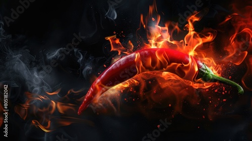 Fiery red hot chili pepper burning in flames against a dark black backdrop, Ai Generated. © Crazy Juke