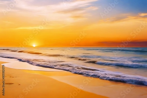Sunset on the beach. Beach sunset. Ocean water, high contrast. Tourism and summer vacation. Romantic beach sunset, minimal summer 
