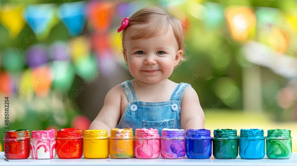 A smiling little girl sits in front of a table filled with jars of paint A smiling little girl sits in front of a table filled with jars of paint