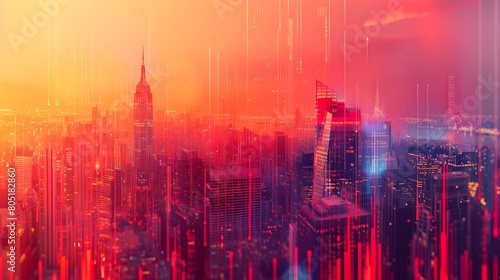 Futuristic skyline with data visualizations depicting financial crisis and economic decline in a vibrant urban setting