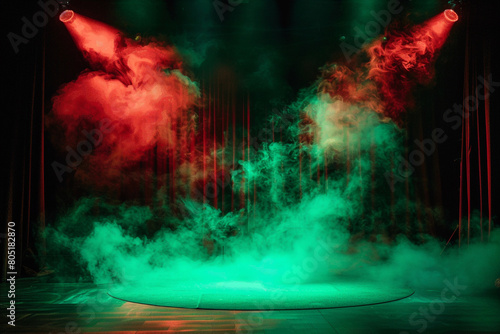 A stage covered in bright green smoke under a ruby red spotlight  enhancing the visual drama against a black backdrop.