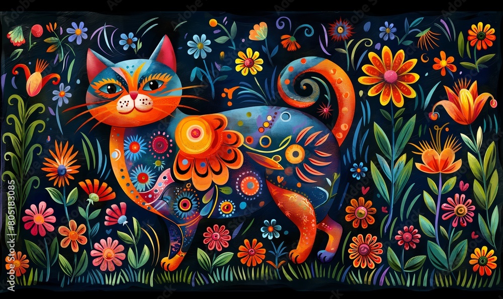 Illustration of a cat in flowers on a dark background. Illustration of a cat in flowers on a dark background.
