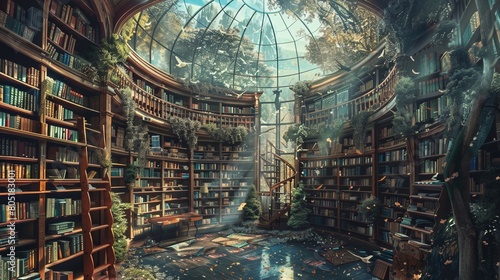 A library with a lot of books and a lot of sunlight coming in photo