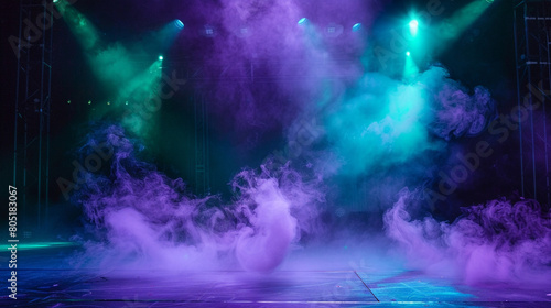 A stage covered in pale violet smoke under a sea green spotlight  offering a soft  magical atmosphere.