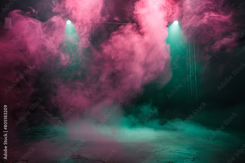A stage covered in pastel pink smoke under a jade green spotlight, adding a gentle, romantic touch against a dark background.