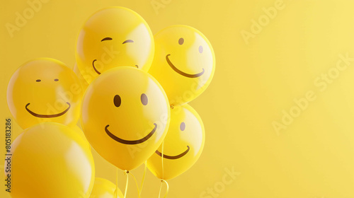 Joyful Celebration: Smiley Face Balloons on Bright Yellow Background - High-Quality 90D8C63E524B7A Style