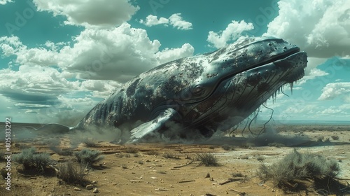 A huge whale is crashing into the ground in a desert