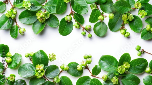  A pristine white background showcases a vibrant cluster of green leaves and buds, ready for text or image insertion on a card