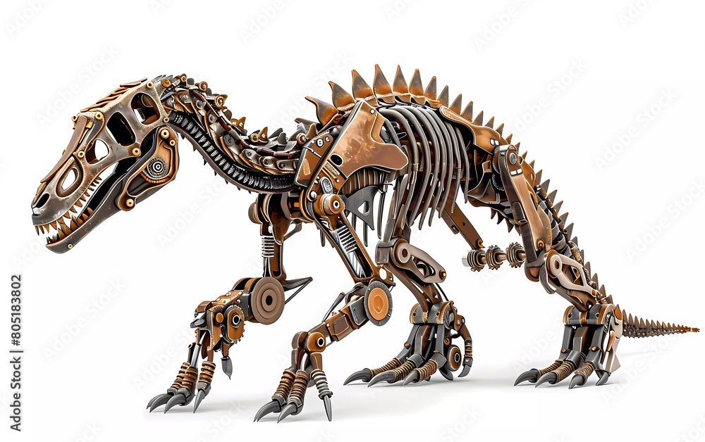 Render of a 3D illustration of a metal steampunk dinosaur, on a white background
