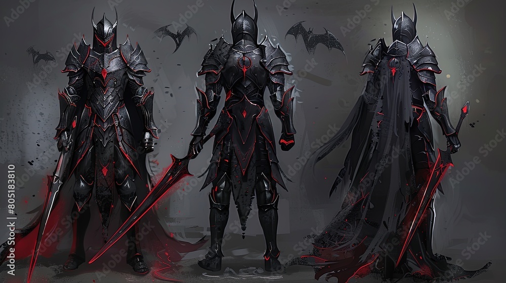 Unleash the darkness: a gallery of formidable knights clad in sinister black armor with crimson details, ready for mythical battle.