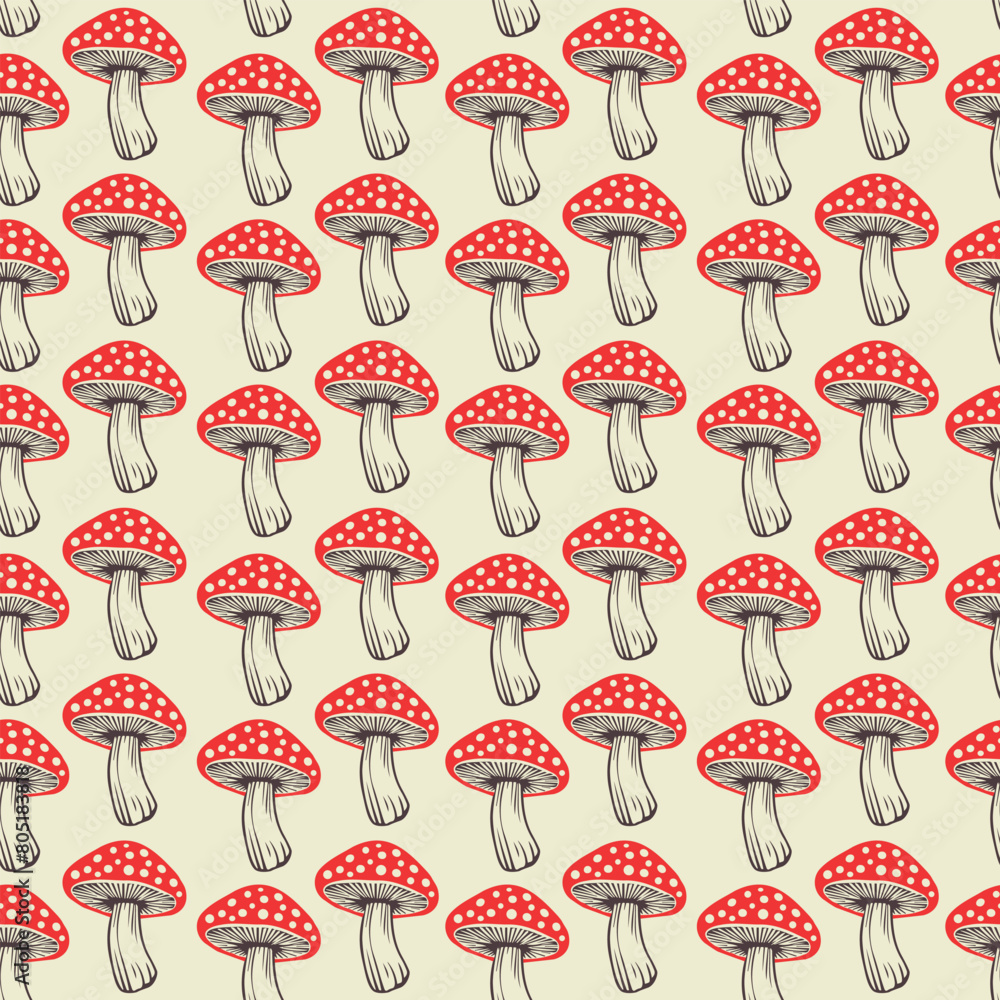 Seamless pattern. Vector flat fly agaric mushroom black background. amanita. vintage colors Seamless pattern. Vector flat fly agaric mushroom black background. amanita. vintage colors