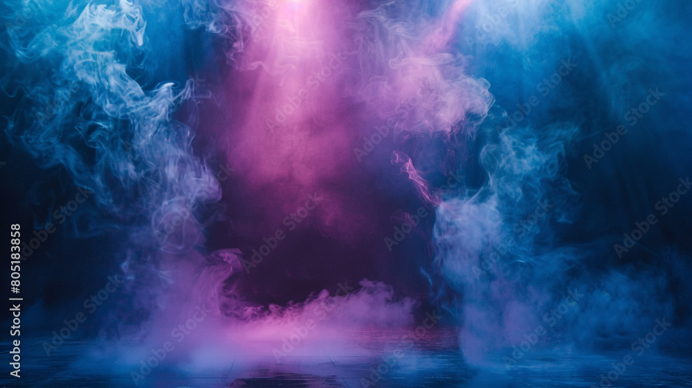 A stage enveloped in rich azure smoke illuminated by a soft pink spotlight, casting a cool, soothing glow.