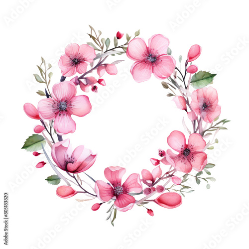 Watercolor Pink Floral Wreath on transparent Background