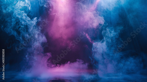 A stage enveloped in rich azure smoke illuminated by a soft pink spotlight, casting a cool, soothing glow.