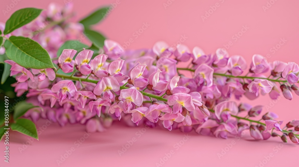 A pink table is home to an arrangement of pink flowers and a green leafy plant A pink table is home to an arrangement of pink flowers and a green leafy plant