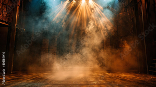 A stage enveloped in rich chocolate brown smoke illuminated by a pale cyan spotlight, casting a warm, inviting effect. photo
