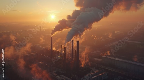 Heavy industrial smoke billowing from tall smokestacks against a sunset sky, reflecting environmental concerns, Clouds of smoke billow from factory chimney during sunset