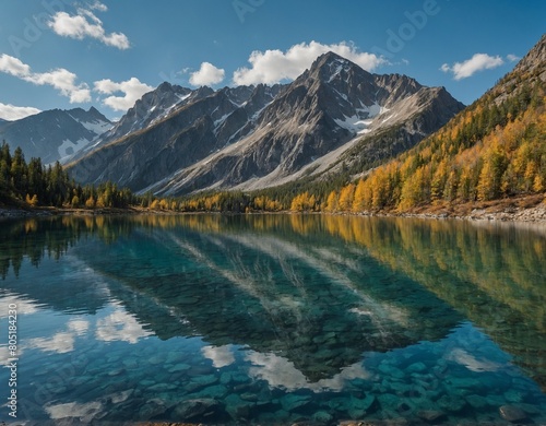 Marvel at the tranquility of a mountain lake landscape  with crystal-clear water reflecting the surrounding peaks. 