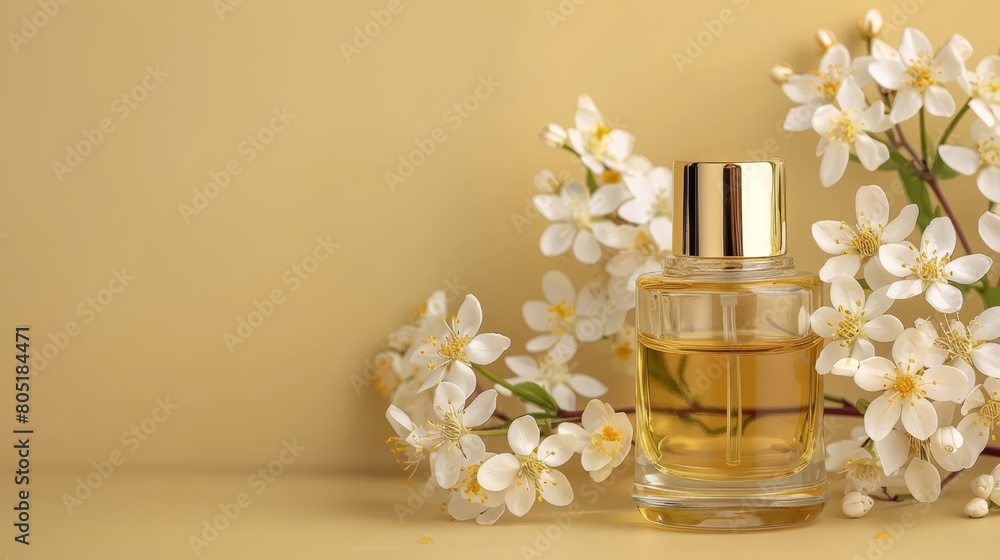 A bottle of perfume atop a table, surrounded by a bunch of white flowers against a yellow backdrop A bottle of perfume atop a table, surrounded by a bunch of white flowers against a yellow backdrop