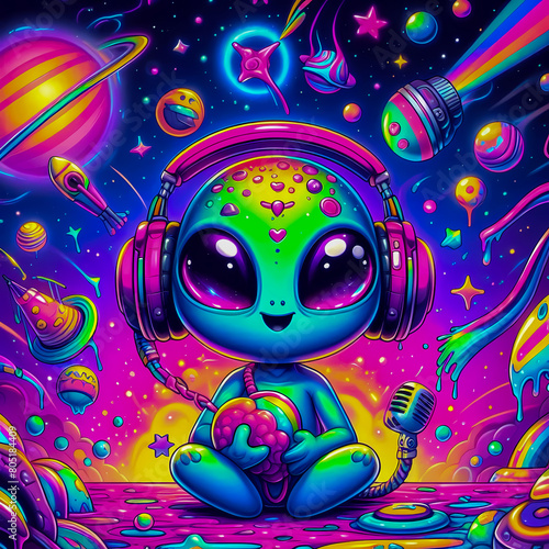 digital art vibrant colorful psychedelic cute alien with headphones vibin to music