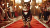 Cat on red carpet in bow tie and vest. Elegantly dressed cat walking on a red carpet in a vest and bow tie, surrounded by people. AI generative.