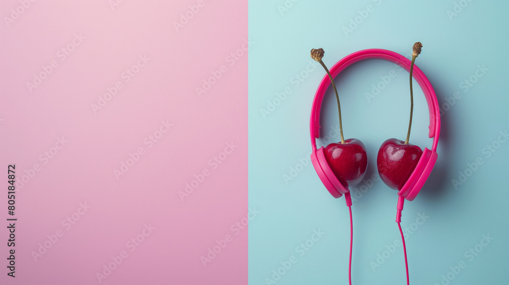Cherry fruit headphones on a vibrant split backdrop