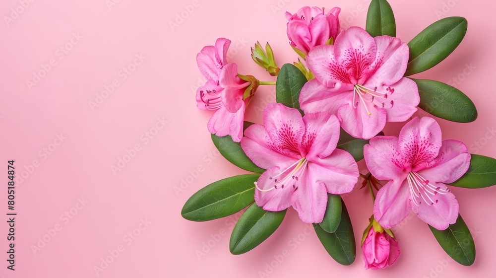   A flat lay of a pink bouquet with green leaves against a pink background, viewed from above on a pink surface