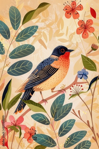 Ornate folk bird trendy cute vector postcard composition, spring holiday botanical elements. Good for cards, flyer © Ammar
