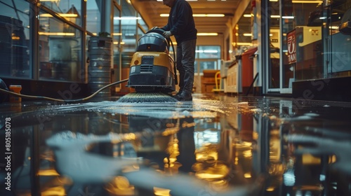 Diligent janitor meticulously polishes indoor floors with a powerful machine, ensuring pristine cleanliness and a gleaming finish