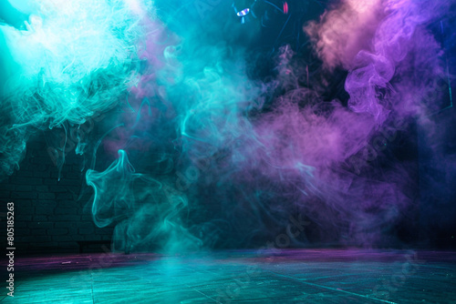 A stage with swirling lavender smoke under a bright teal spotlight, setting a calming, serene mood.
