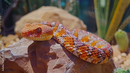  A tight shot of a snake on a rock, surrounded by a solitary cactus in the background