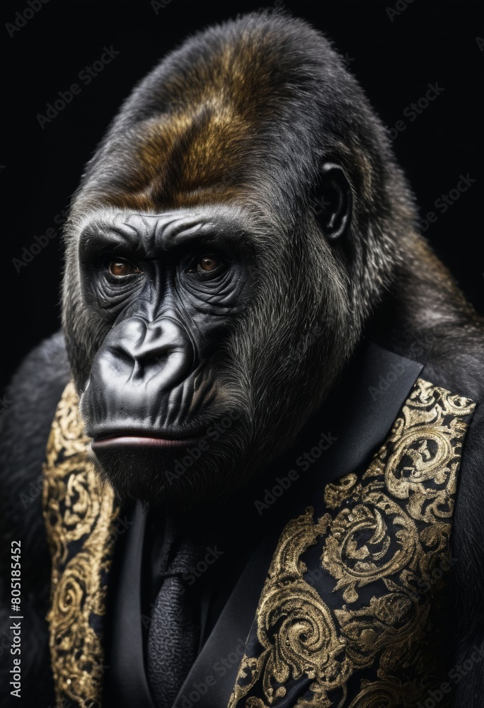 portrait of a gorilla dressed in a party suit