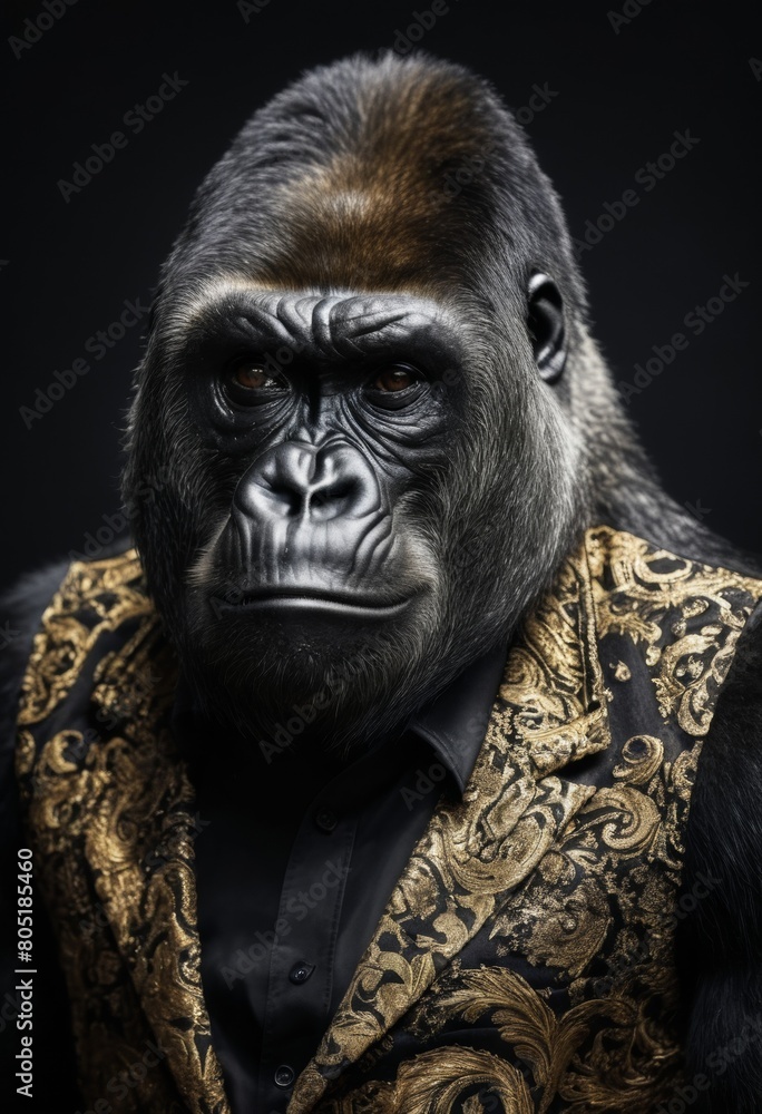 portrait of a gorilla dressed in a party suit