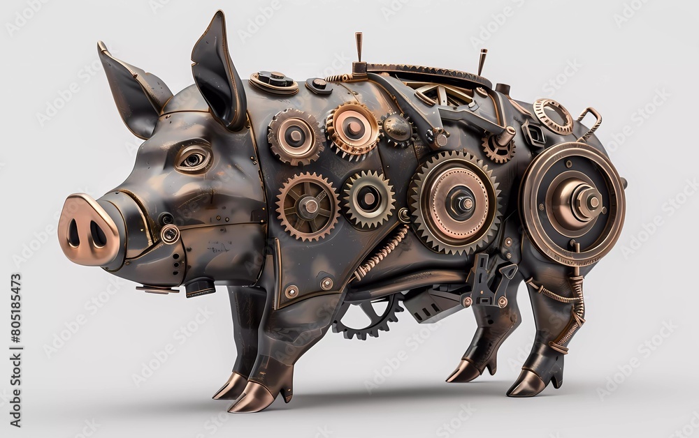 Render of a steampunk metal 3D illustration of a pig, on a white background Render of a steampunk metal 3D illustration of a pig, on a white background