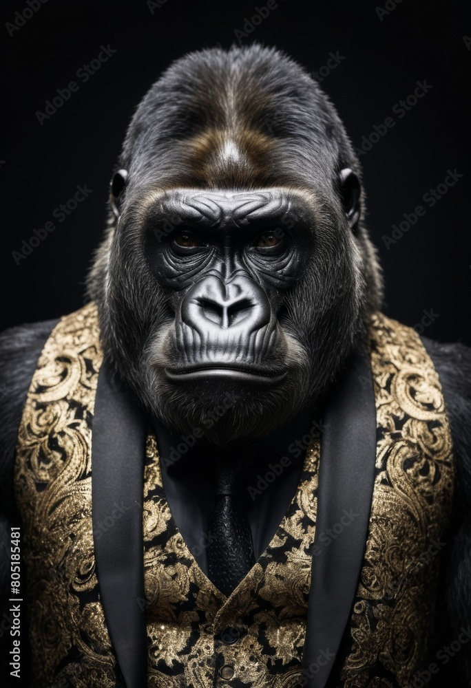 portrait of a gorilla dressed in a party suit