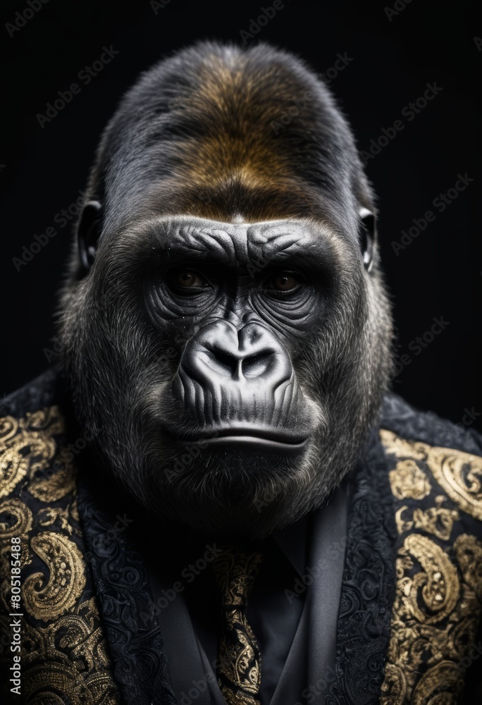 portrait of a gorilla dressed in a party suit