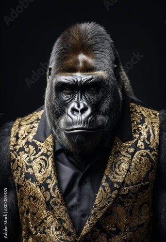 portrait of a gorilla dressed in a party suit