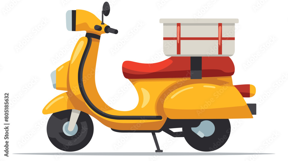 Delivery scooter parked carrying package, empty seat. Yellow motorbike delivery service, side view, cartoon style. Scooter equipped rear cargo box, urban speedy transport, isolated white background Delivery scooter parked carrying package, empty seat. Yellow motorbike delivery service, side view, cartoon style. Scooter equipped rear cargo box, urban speedy transport, isolated white background