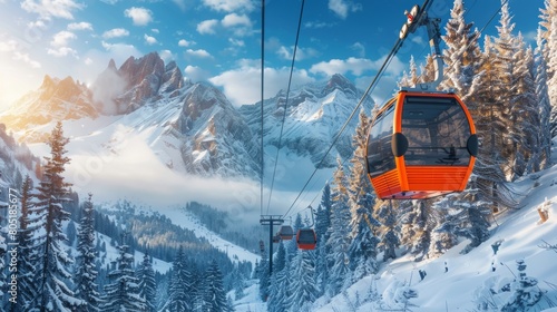 A sleek new modern cabin ski lift gondola glides against the backdrop of snow-capped forests and towering mountain peaks at the luxury winter resort