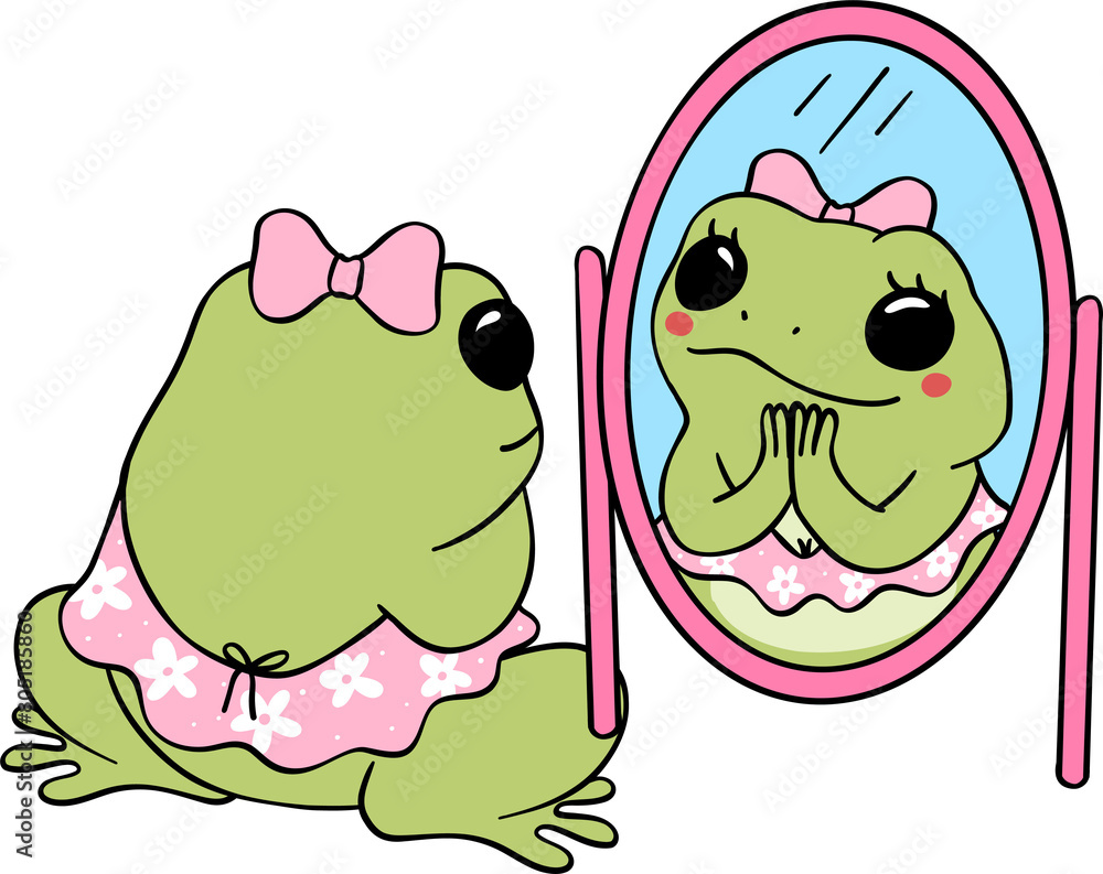 Obraz premium Retro groovy frog in mirrow cartoon doodle self love