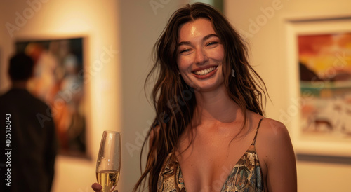 A beautiful woman smiling and holding a champagne glass at an art gallery opening, wearing a gold dress photo