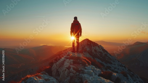 After conquering the challenging ascent, the hiker reaches the summit, greeted by a breathtaking sunrise painting the sky with vivid hues