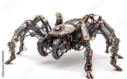 Render of a steampunk metal 3D illustration of a spider, on a white background